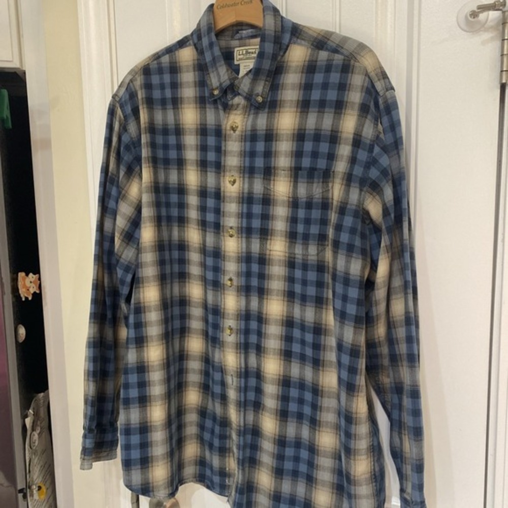 LL BEAN 100% Cotton Flannel Blue Plaid Men's L Regular Outdoor Shirt 3786